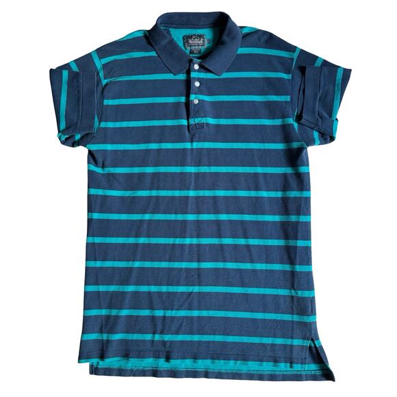 Vintage 90s Woolrich Navy & Blue Striped Polo Shirt Men's XL – 100% Cotton - Picture 2 of 6